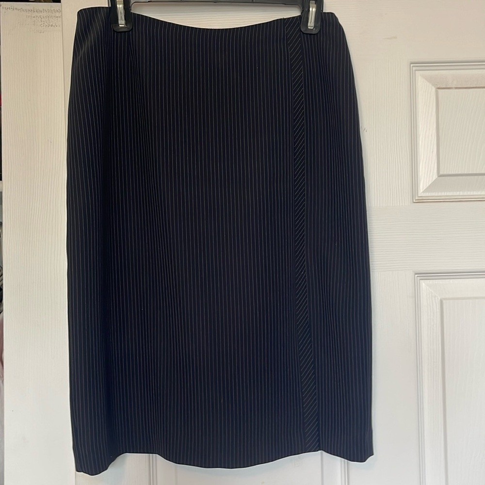Navy Pinstriped pencil skirt with front slit.